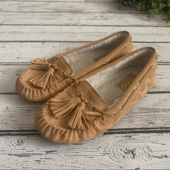 Coach Shoes - Coach Anita Embossed Suede Shearling Lined Tan Slipper Moccasins size 5.5